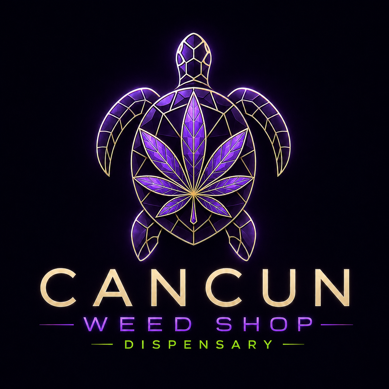 Cancun Weed Shop Dispensary official logo — geometric purple sea turtle with a cannabis leaf shell, Blvd. Kukulcan 6, Zona Hotelera, Cancún