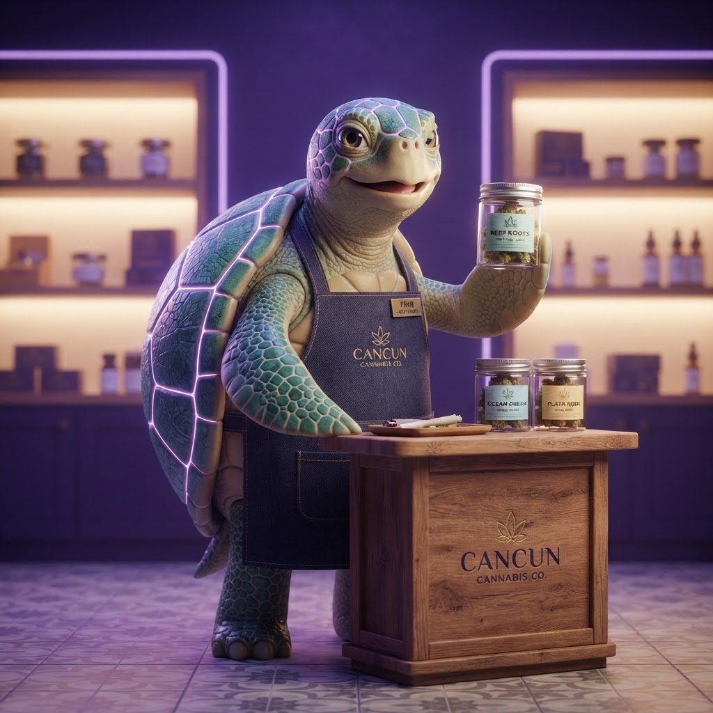 Turtle Beach crew — a budtender turtle presenting a jar of flower
