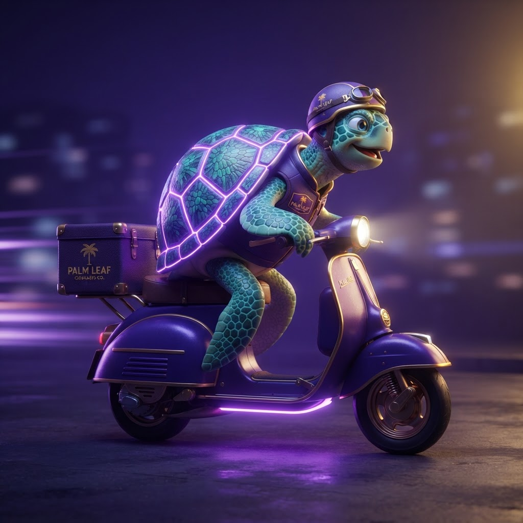 Turtle Beach crew — a courier turtle on a delivery scooter