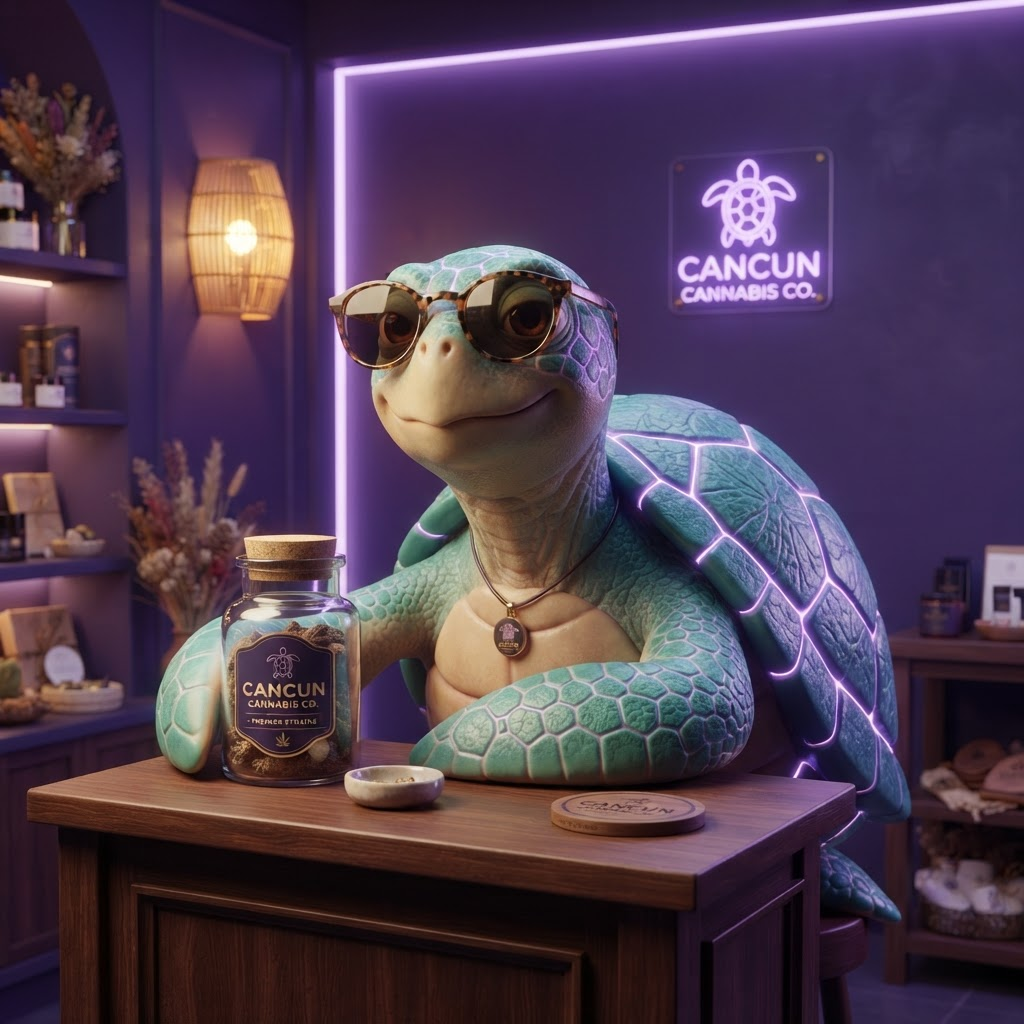 The Turtle Beach mascot — a chill sea turtle at his smokeshop counter